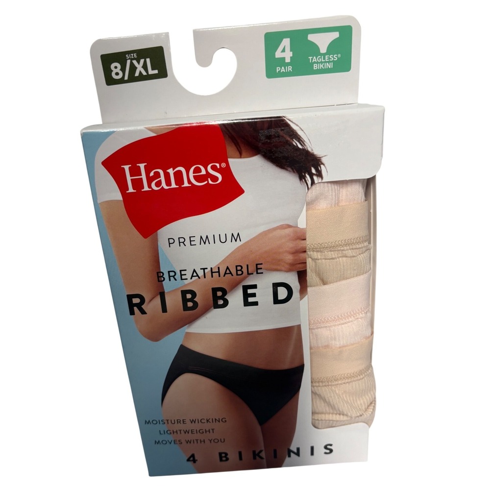 Hanes Premium Breathable Ribbed Bikinis 4 Pack Size 8/XL Nude Pink Tan